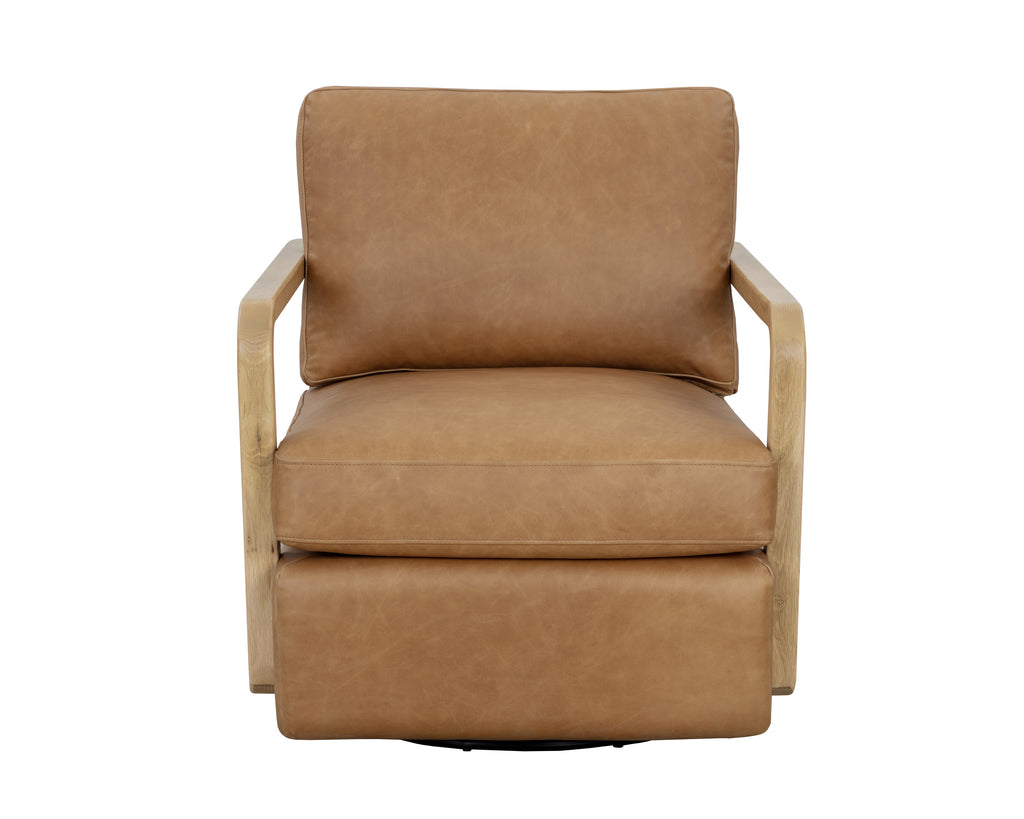 Castell Swivel Lounge Chair - Rustic Oak - Ludlow Sesame Leather | Sunpan Furniture - 111249