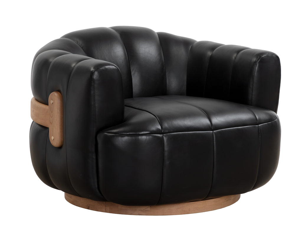 Tadeo Swivel Lounge Chair - Rustic Oak - Vintage Black Night Leather | Sunpan Furniture - 1110