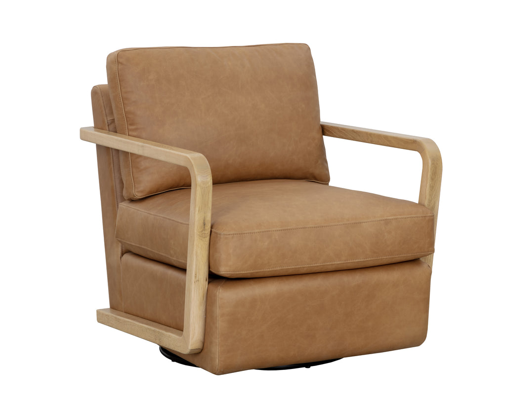 Castell Swivel Lounge Chair - Rustic Oak - Ludlow Sesame Leather | Sunpan Furniture - 111249