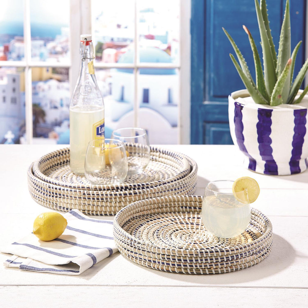 Two's Company Nested Woven Trays in Blue/Natural - Seagrass/Plastic (set of 6)