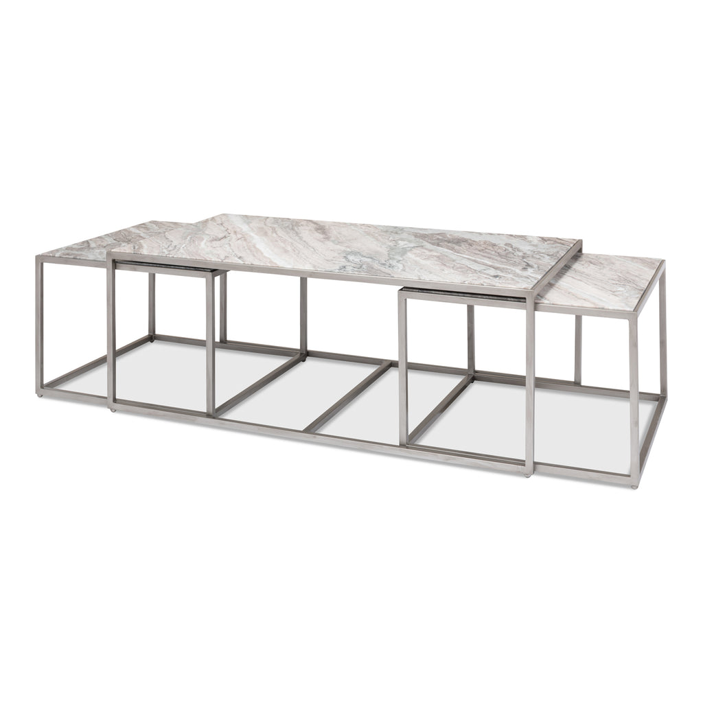 Set Of 3 Nesting Low Tables Marble Tops | Sarreid - 52871