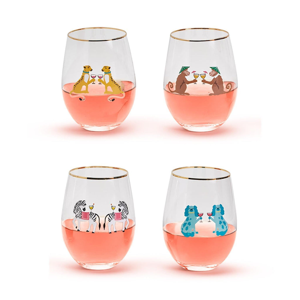 Two's Company Animal Party S/4 Stemless Wine Glasses