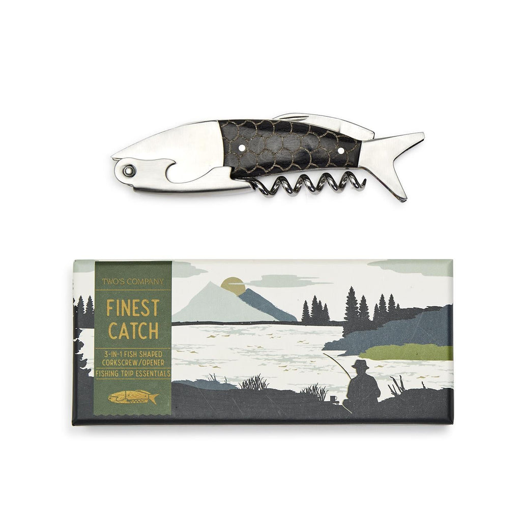 Two's Company Finest Catch 3-in-1 Bottle Tool Opener in Gift Box Includes: Bottle Opener, Corkscrew, Knife