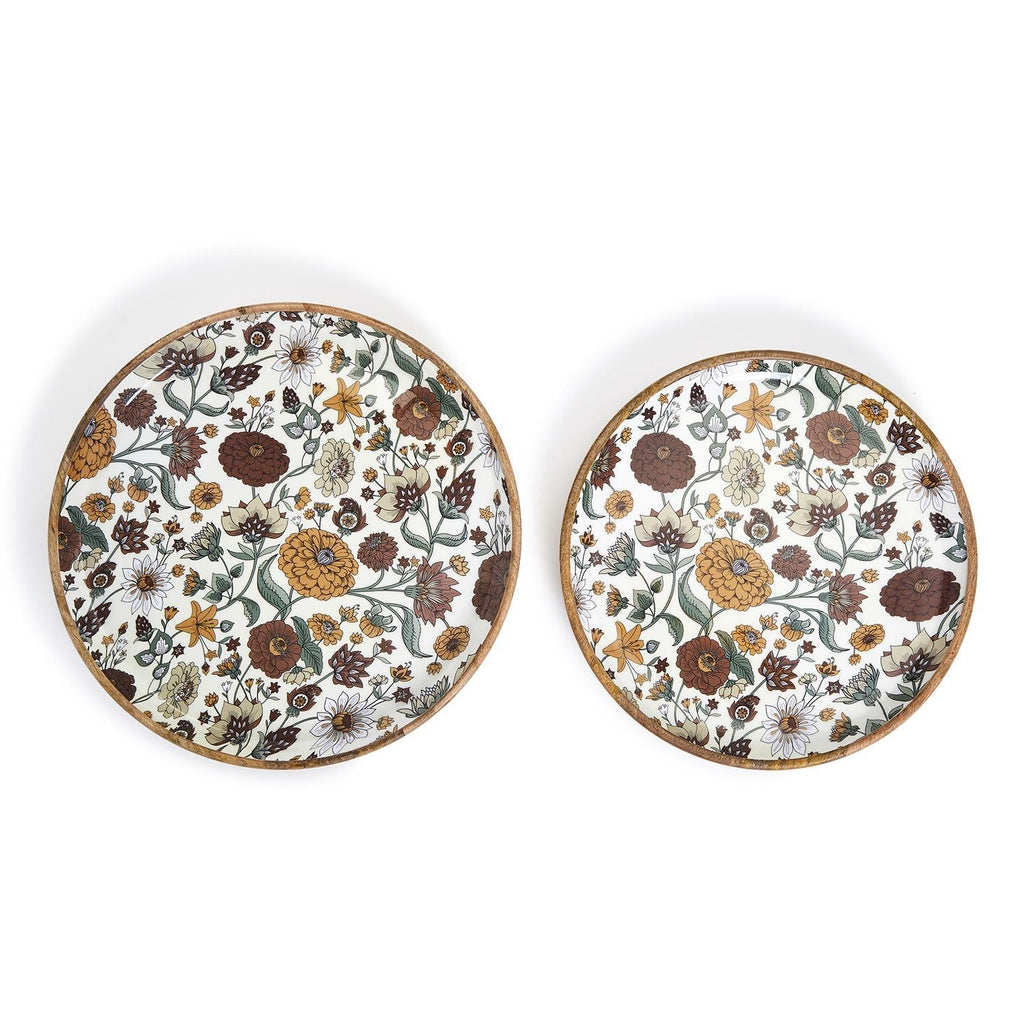 Two's Company Naturally Floral Set of 2 Hand-Crafted Wood Round Trays