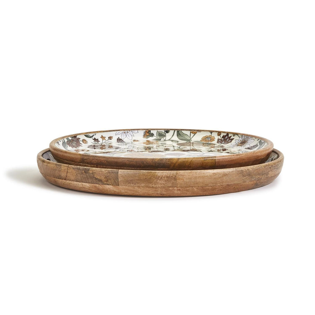 Two's Company Naturally Floral Set of 2 Hand-Crafted Wood Round Trays