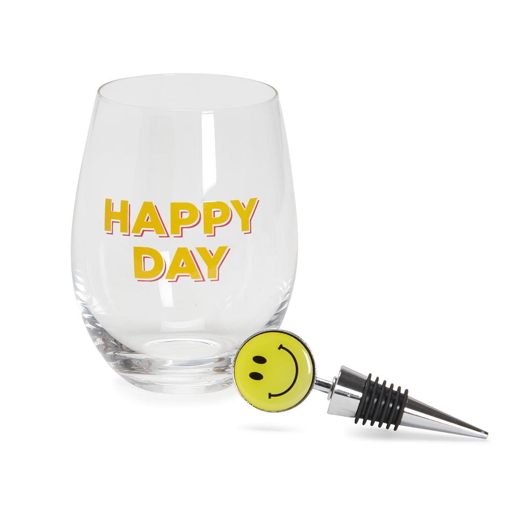 Happy Day Stemless Wine Glass with Smile Face Wine Stopper