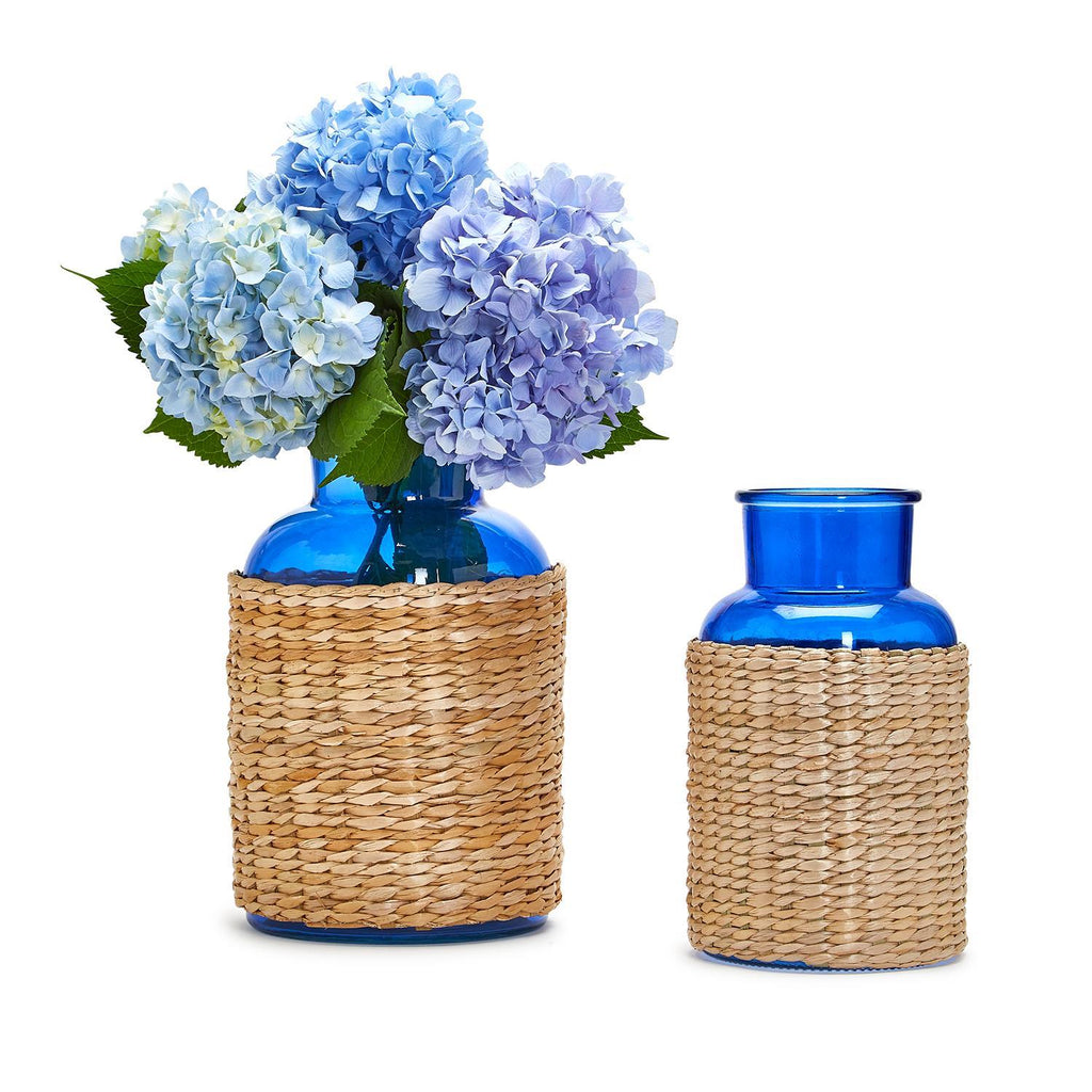 S/2 Blue Glass Candle Holder / Vase with Rattan Wrap