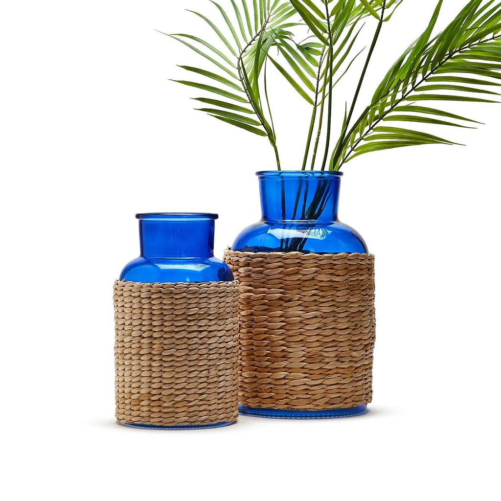 S/2 Blue Glass Candle Holder / Vase with Rattan Wrap