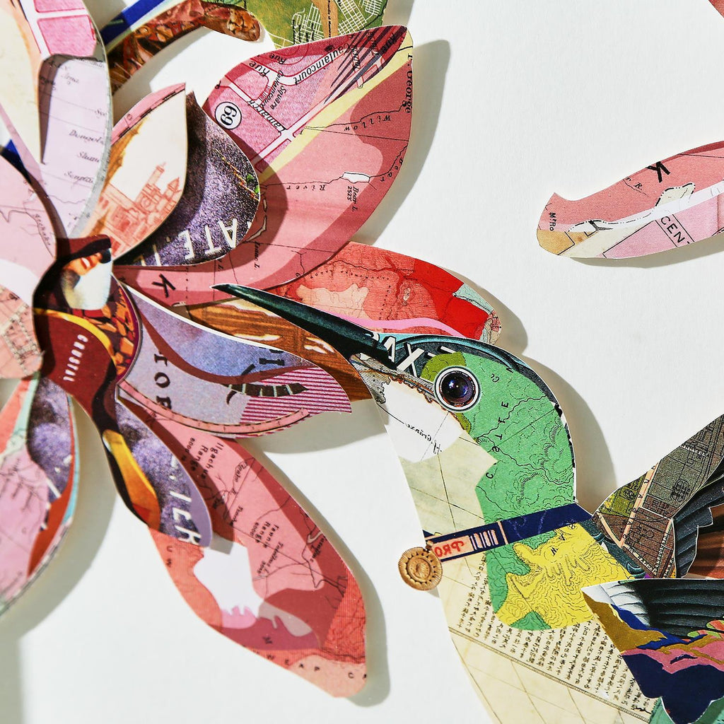 S/2 Humming Birds Paper Collage Wall Art