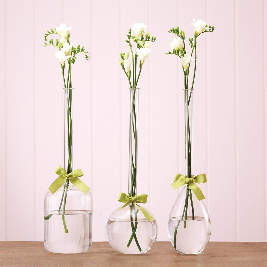 Two's Company Vase Trio with Sage Green Ribbon - Hand-Blown Glass (includes 3 shapes)