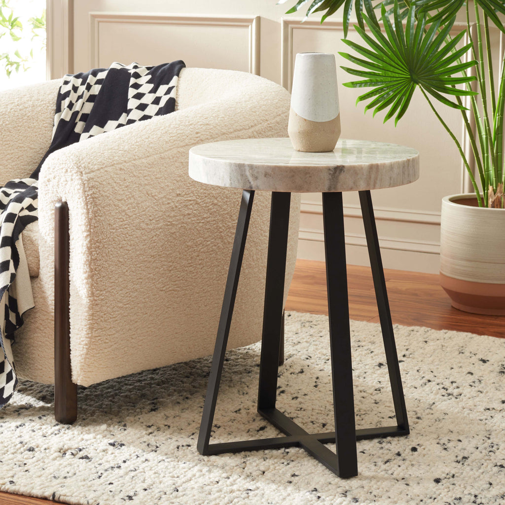 Safavieh Guenon Round Accent Table - Sand Brown Marble / Black