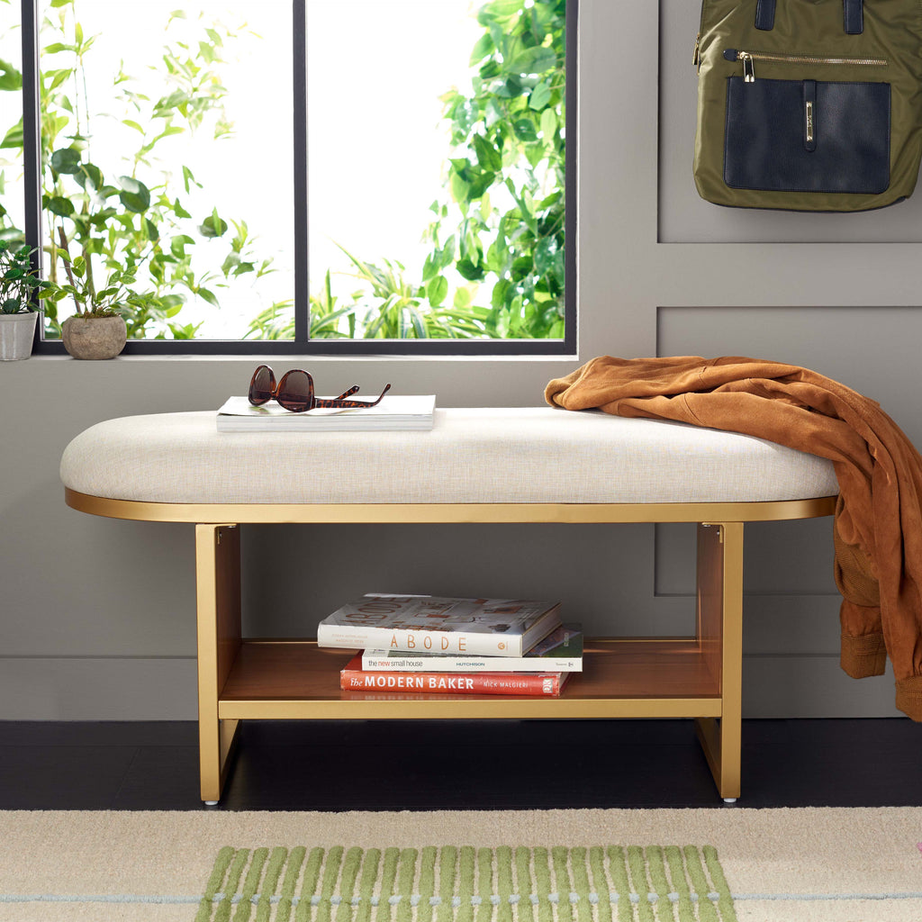 Safavieh Iona Open Shelf Bench W/Cushion - Cream / Walnut