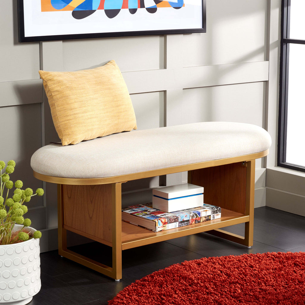 Safavieh Iona Open Shelf Bench W/Cushion - Cream / Walnut