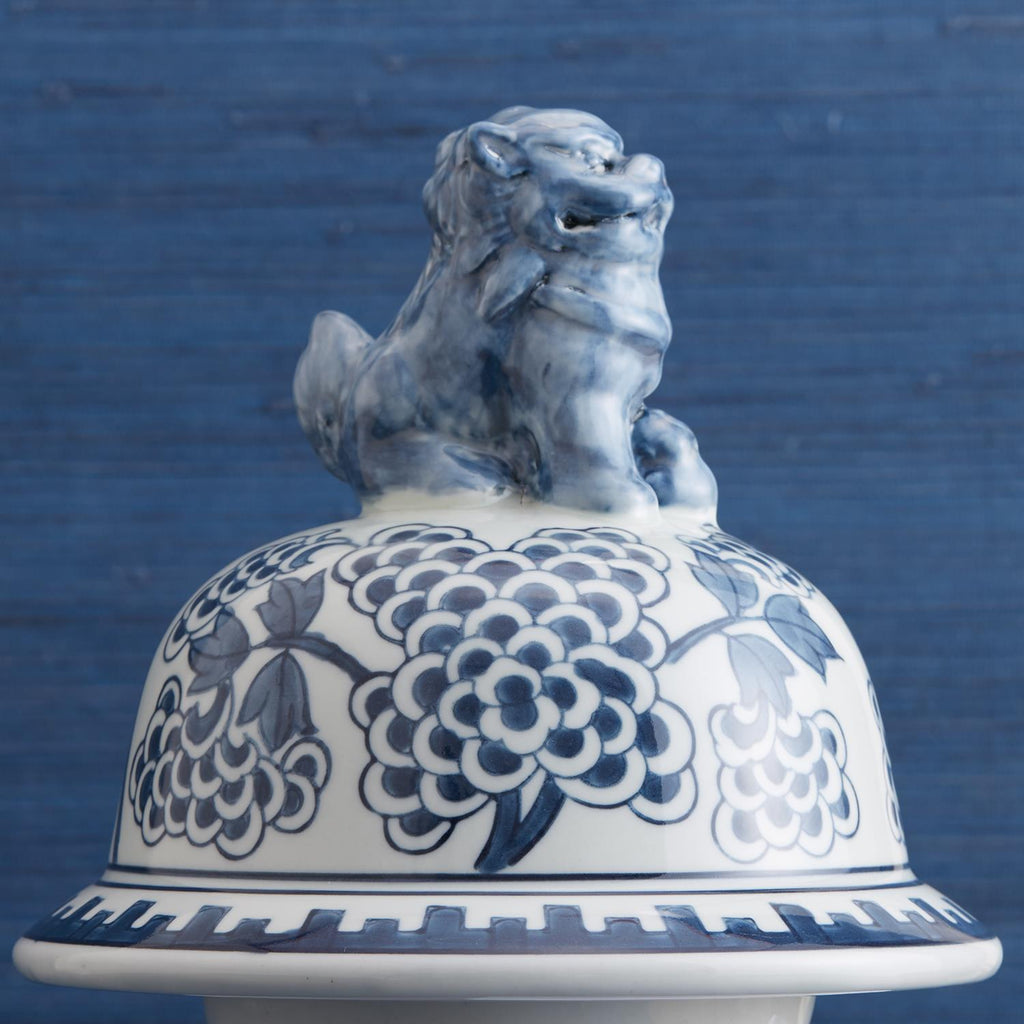 Two's Company Blue and White Peony Flower Covered Temple Jar with Lion Accents - Hand-Painted Porcelain