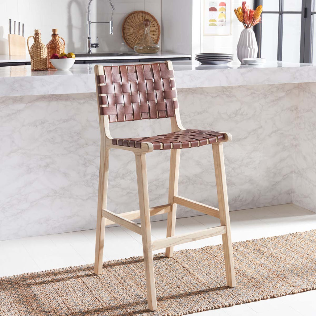 Adah Leather Bar Stool | Safavieh - BST1014 - Cognac / Nautral