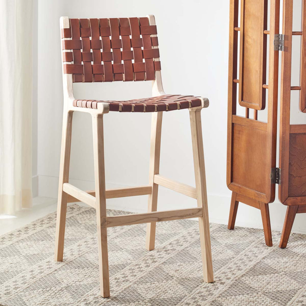 Adah Leather Bar Stool | Safavieh - BST1014 - Cognac / Nautral