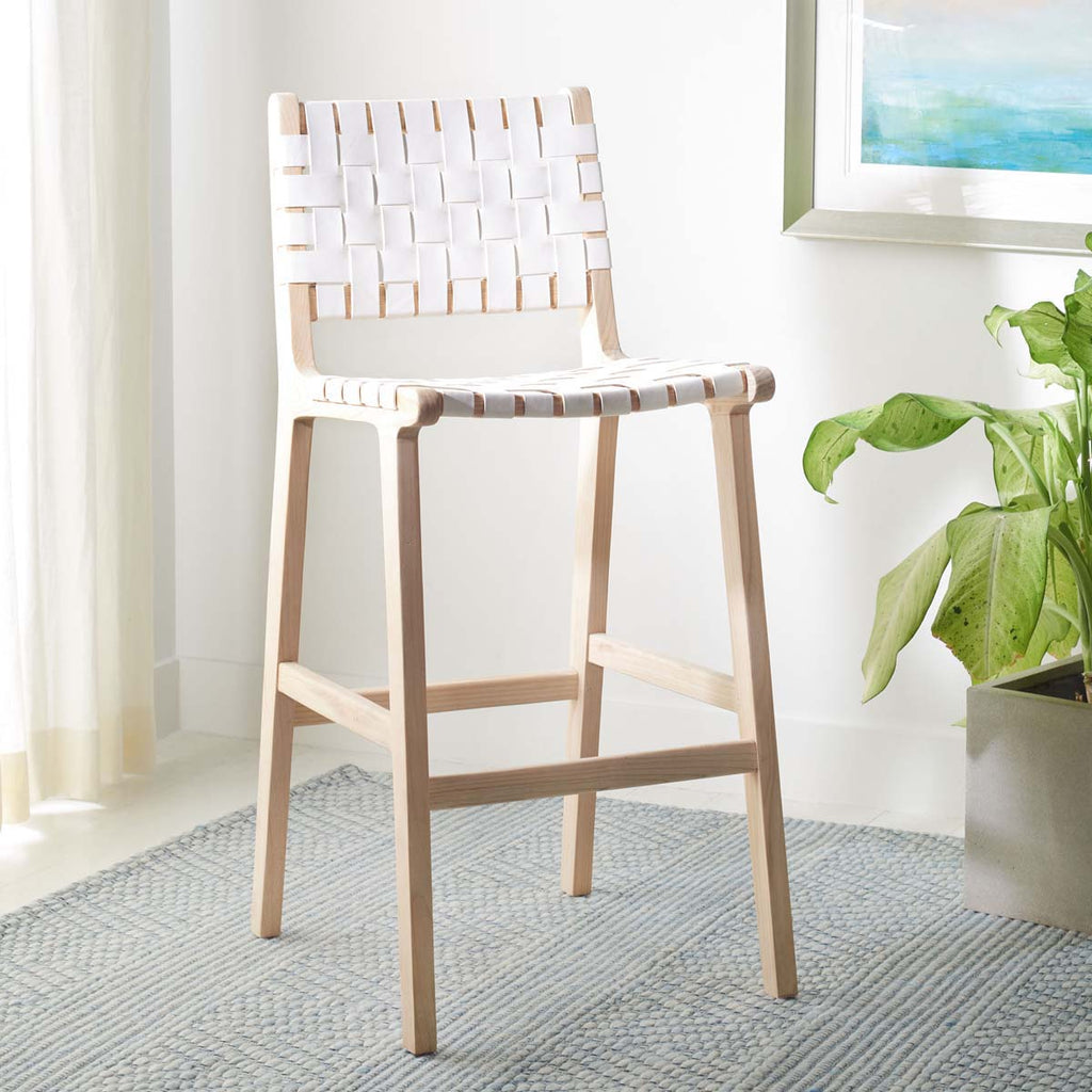 Adah Leather Bar Stool | Safavieh - BST1014 - White / Natural