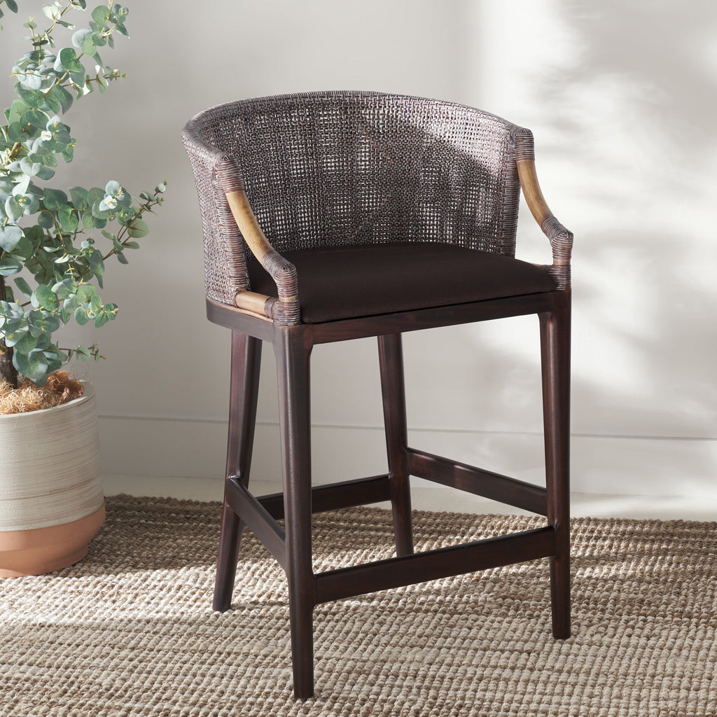 Brando Counter Stool | Safavieh - BST4000 - Brown White Wash Weave / Brown / Dark Brown Cushion