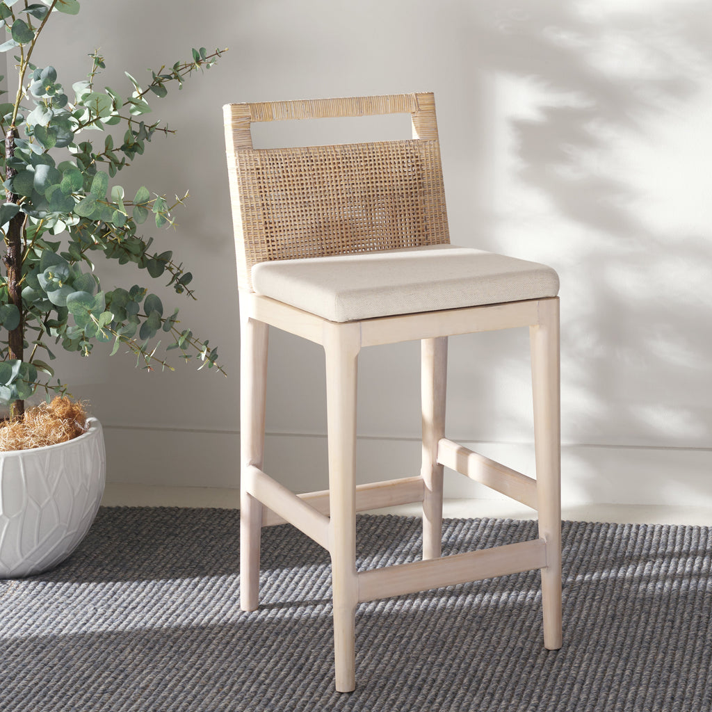 Darin Counter Stool | Safavieh - BST4001 - Natural White Wash Weave / White Wash / Holy White Cushion