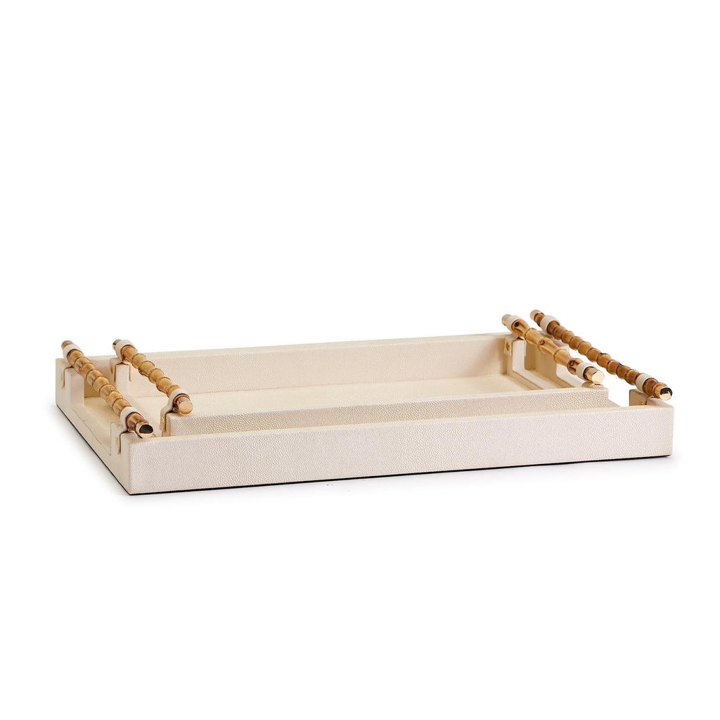 Two's Company S/2 Cream Decorative Rectangle Trays W Bamboo Handles