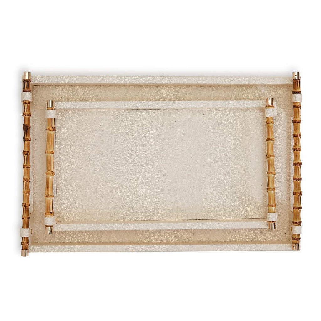 Two's Company S/2 Cream Decorative Rectangle Trays W Bamboo Handles