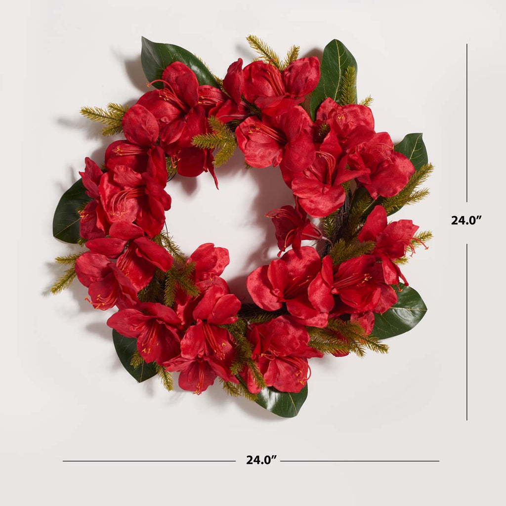 Safavieh Faux 24 Inch Amaryllis & Magnolia Leaf Wreath , FXP1091 - Red / Green