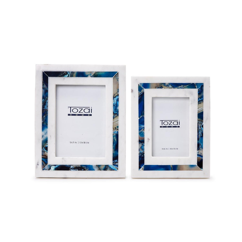 Blue Agate Inlay S/2 White Marble Photo Frame