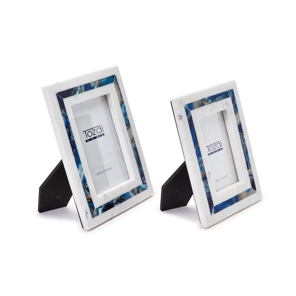 Blue Agate Inlay S/2 White Marble Photo Frame