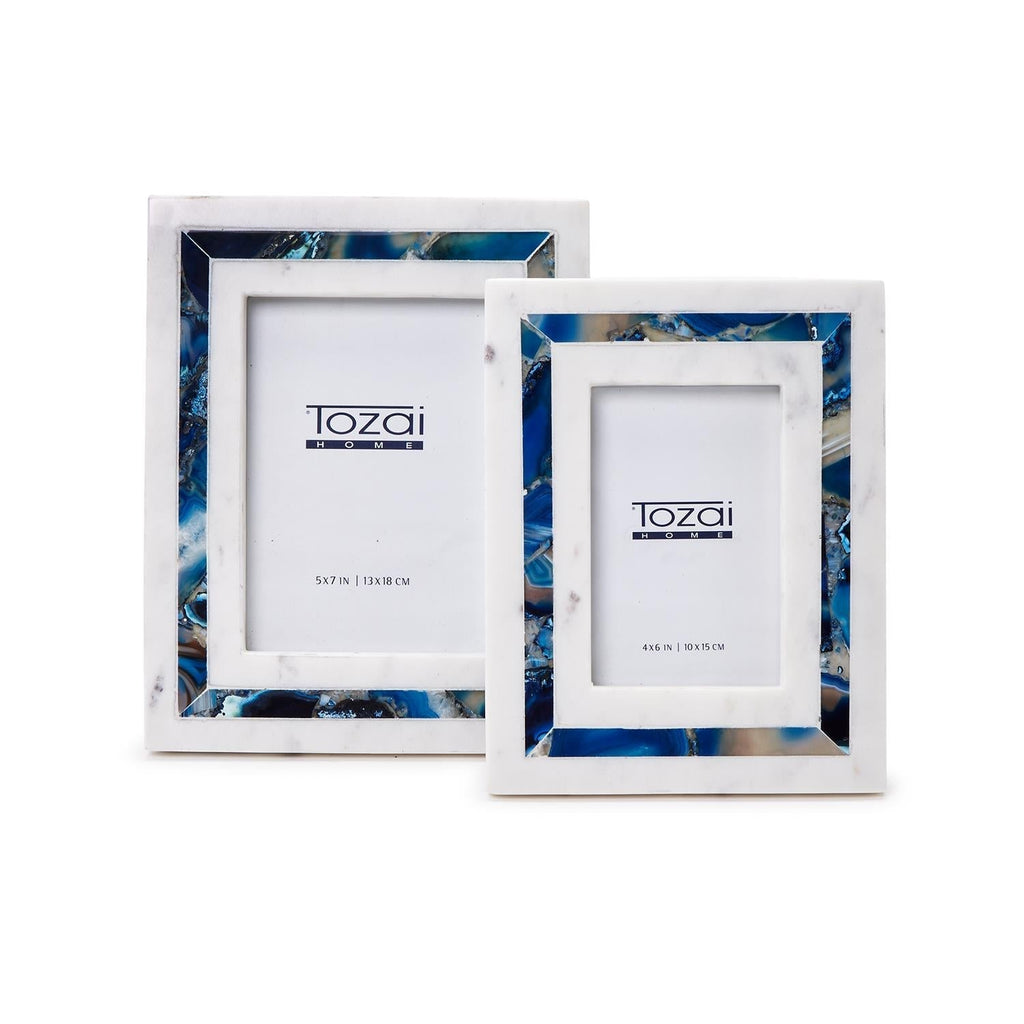 Blue Agate Inlay S/2 White Marble Photo Frame