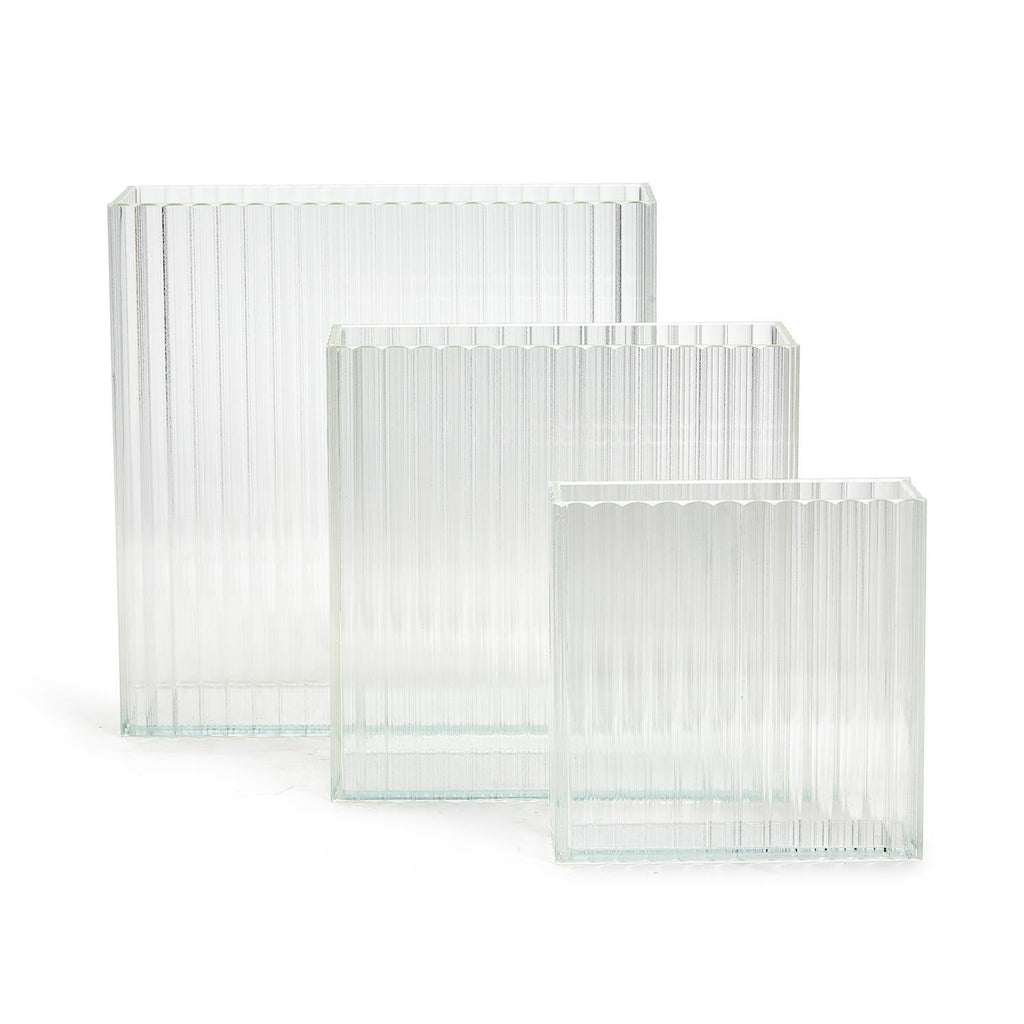 Ribbed Windows Set of 3 Square Vase In 3 Sizes - Glass/Metal