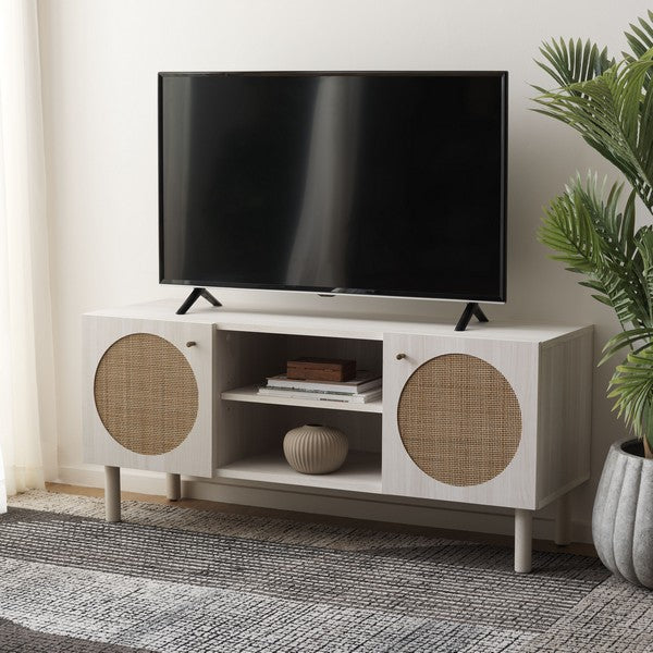 Ophelia 2 Door 2 Shelf Media Stand | Safafavieh - MED9615 - Bleached White / Natural Rattan