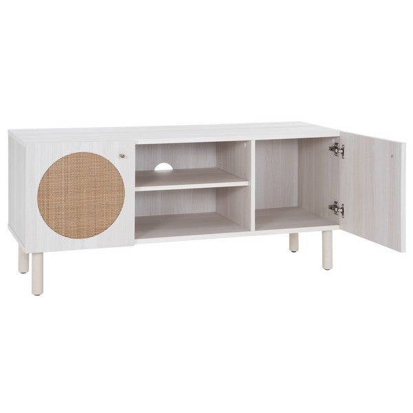 Ophelia 2 Door 2 Shelf Media Stand | Safafavieh - MED9615 - Bleached White / Natural Rattan