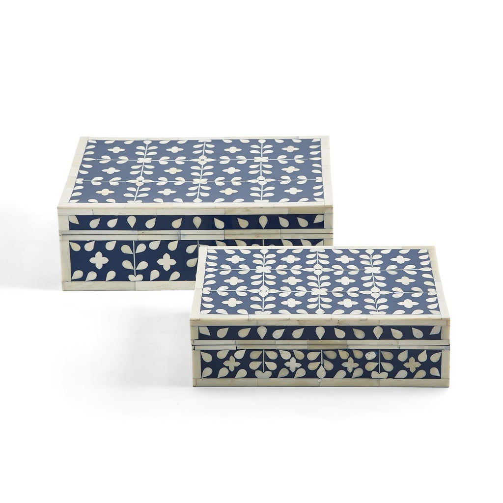 Two's Company S/2 Flower and Petals Blue & White Tear Hinged Cover Box