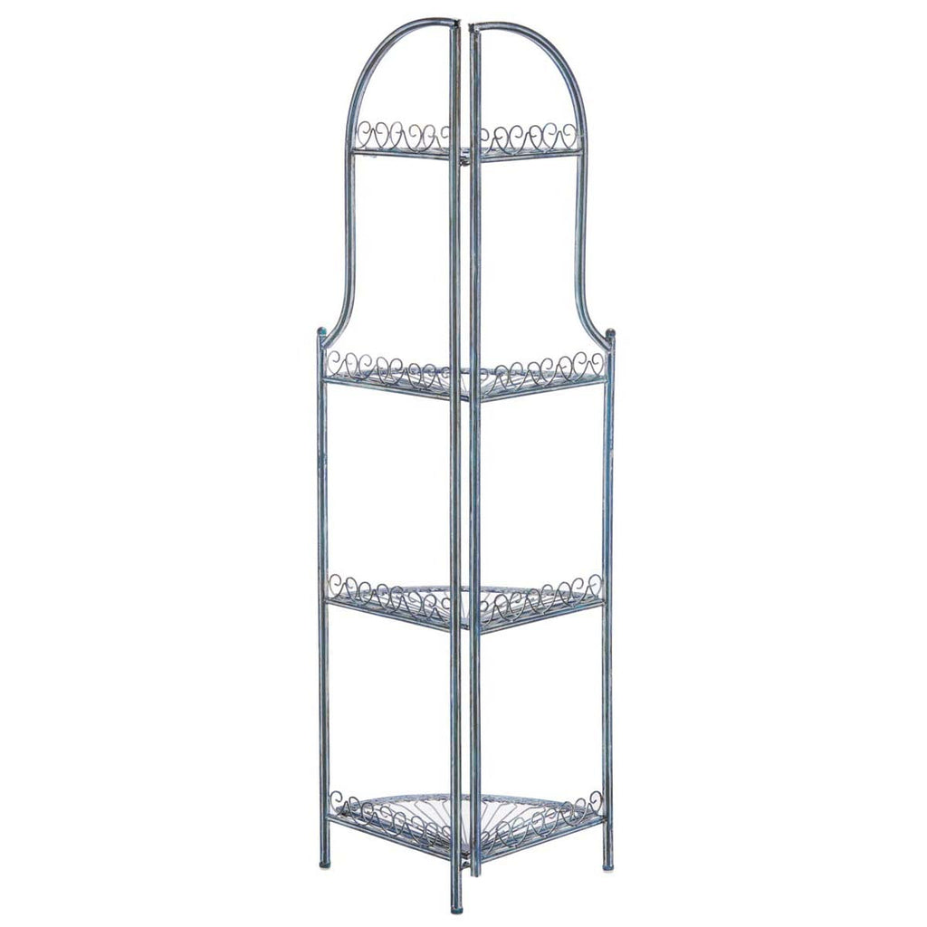 Abarrane Wrought Iron 4 Tier Outdoor Corner Shelf | Safavieh - PAT5013- Mossy Blue