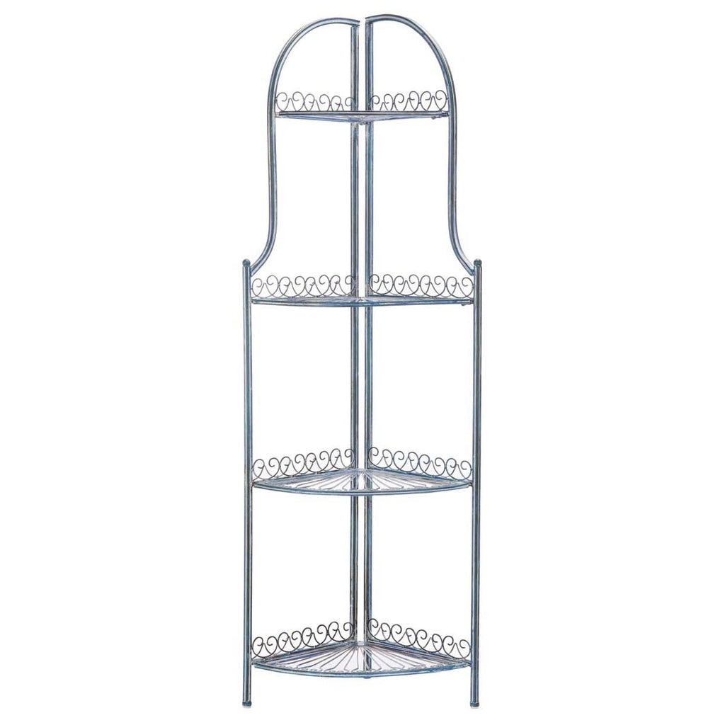 Abarrane Wrought Iron 4 Tier Outdoor Corner Shelf | Safavieh - PAT5013- Mossy Blue