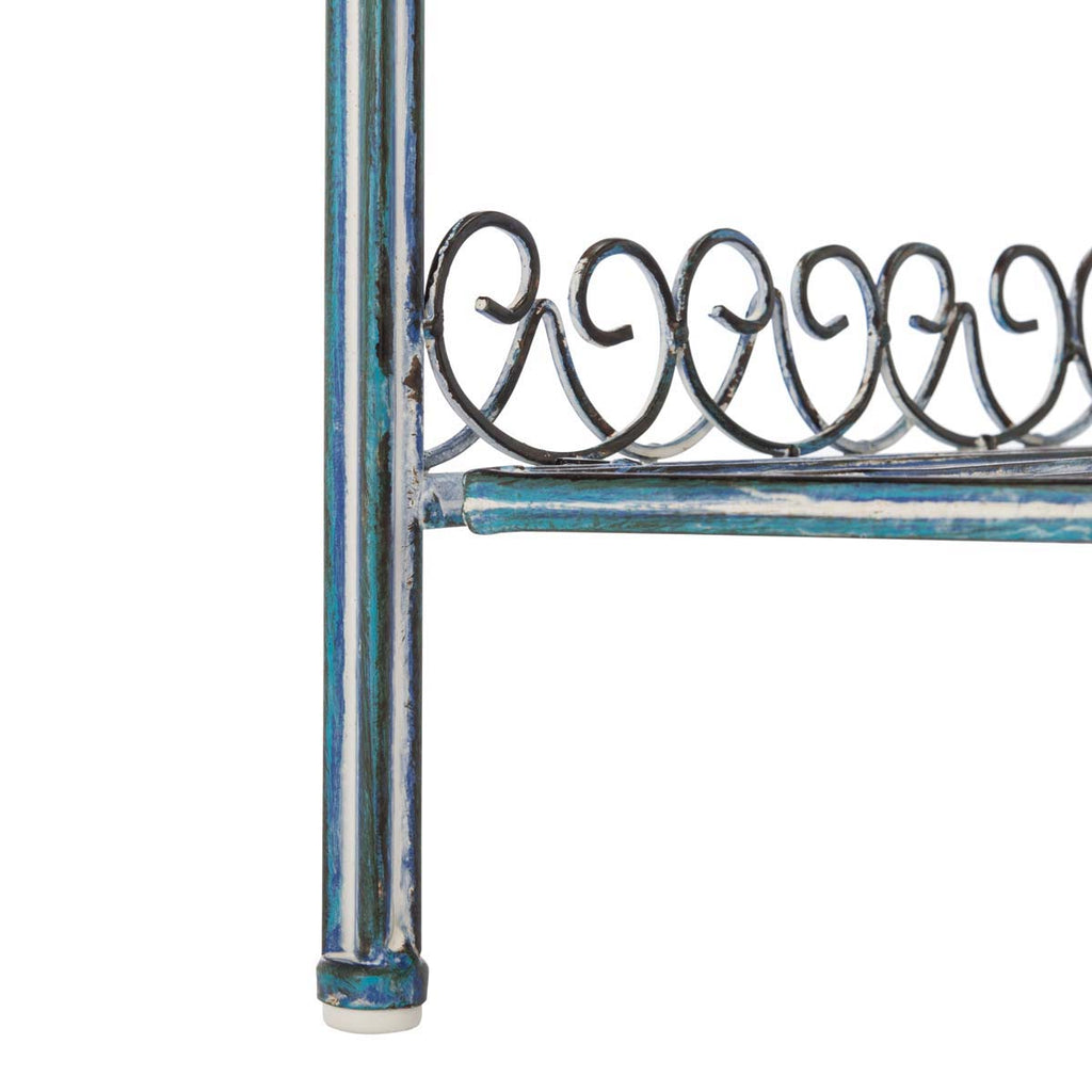 Abarrane Wrought Iron 4 Tier Outdoor Corner Shelf | Safavieh - PAT5013- Mossy Blue