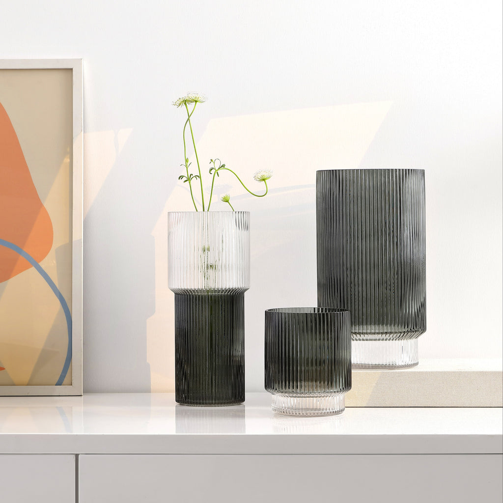 Zinc Fluted Glass Vase (Set of 3) | Safavieh - RDC4034 - Blue Grey