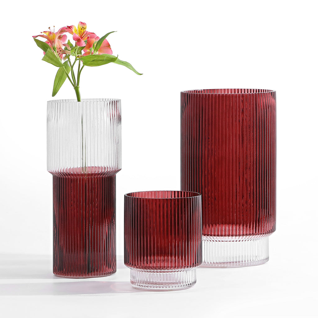 Zinc Fluted Glass Vase (Set of 3) | Safavieh - RDC4034 - Cranberry