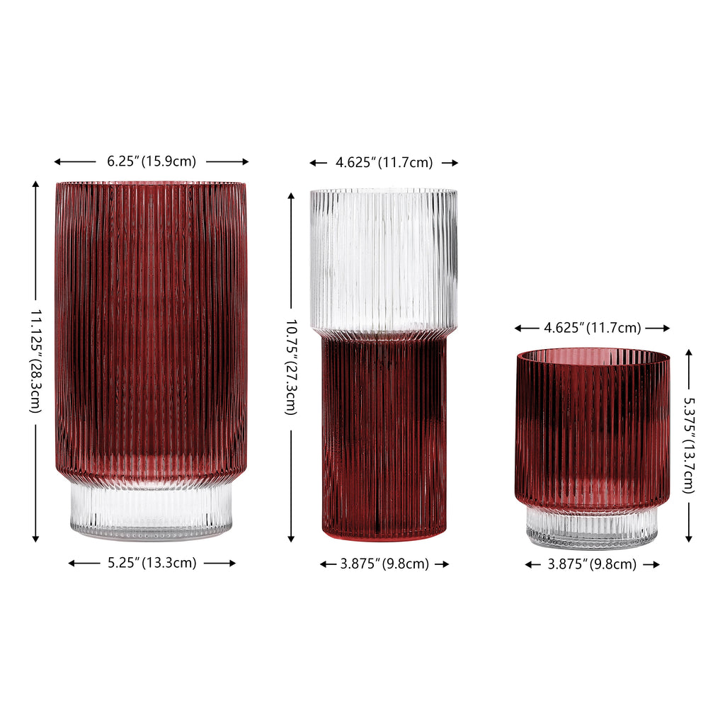 Zinc Fluted Glass Vase (Set of 3) | Safavieh - RDC4034 - Cranberry