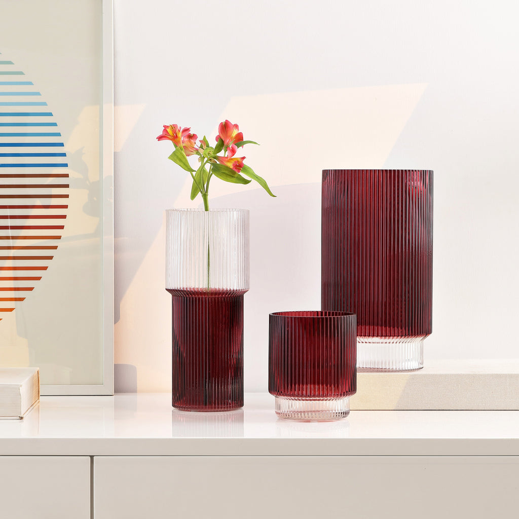 Zinc Fluted Glass Vase (Set of 3) | Safavieh - RDC4034 - Cranberry