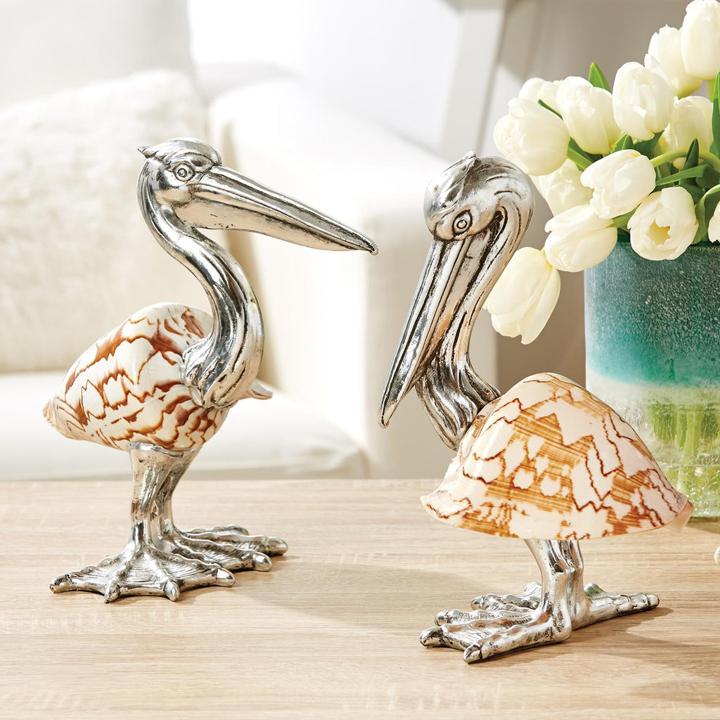 Two's Company Shell Sculpture Pelicans - Silver-Plated Resin/Cymbiola Nobilis Shell (set of 2)