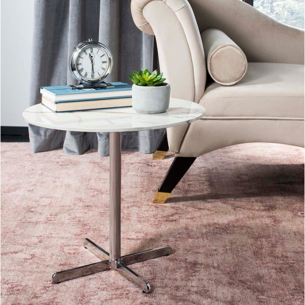 Safavieh Winnie Round Side Table - White Marble Veneer/Chrome Leg