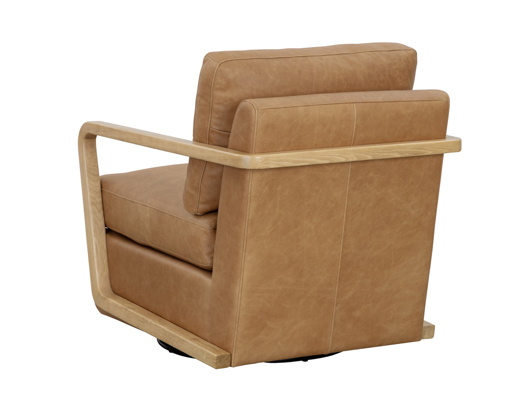 Castell Swivel Lounge Chair - Rustic Oak - Ludlow Sesame Leather | Sunpan Furniture - 111249