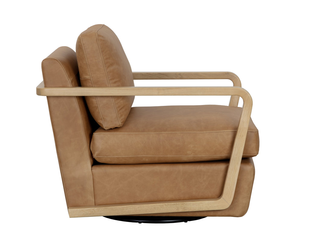 Castell Swivel Lounge Chair - Rustic Oak - Ludlow Sesame Leather | Sunpan Furniture - 111249