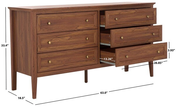 Sondra 6 Drawer Dresser | Safavieh - DRS9602 - Walnut / Gold