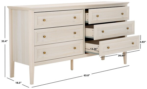 Sondra 6 Drawer Dresser | Safavieh - DRS9602 - Bleached White / Gold