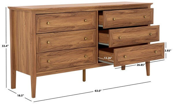 Sondra 6 Drawer Dresser | Safavieh - DRS9602 - Oak / Gold