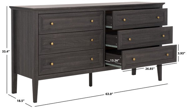 Sondra 6 Drawer Dresser | Safavieh - DRS9602 - Distressed Black / Gold