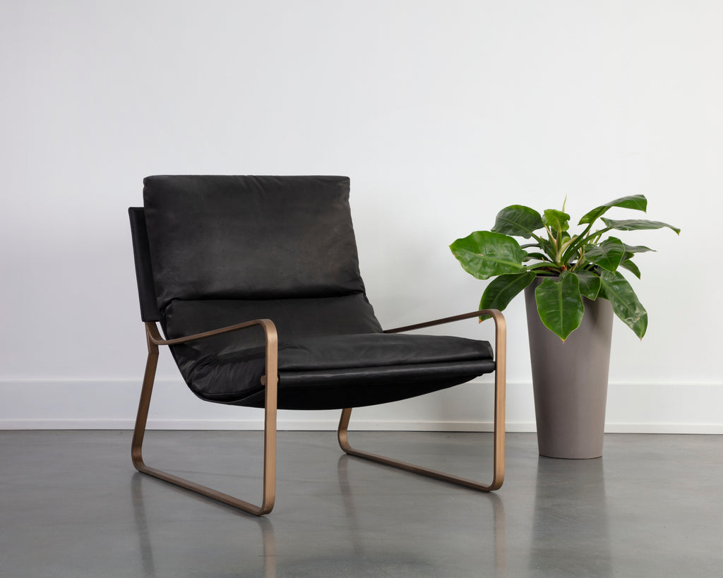 Zancor Lounge Chair - Antique Brass - Charcoal Black Leather | Sunpan Furniture - 110657