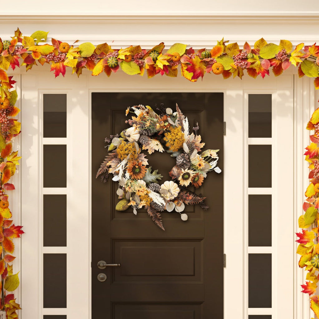 Safavieh Faux 28 Inch Oak Leaf & Pumpkin Wreath W/ Pine Cones , FXP1056 - Multi